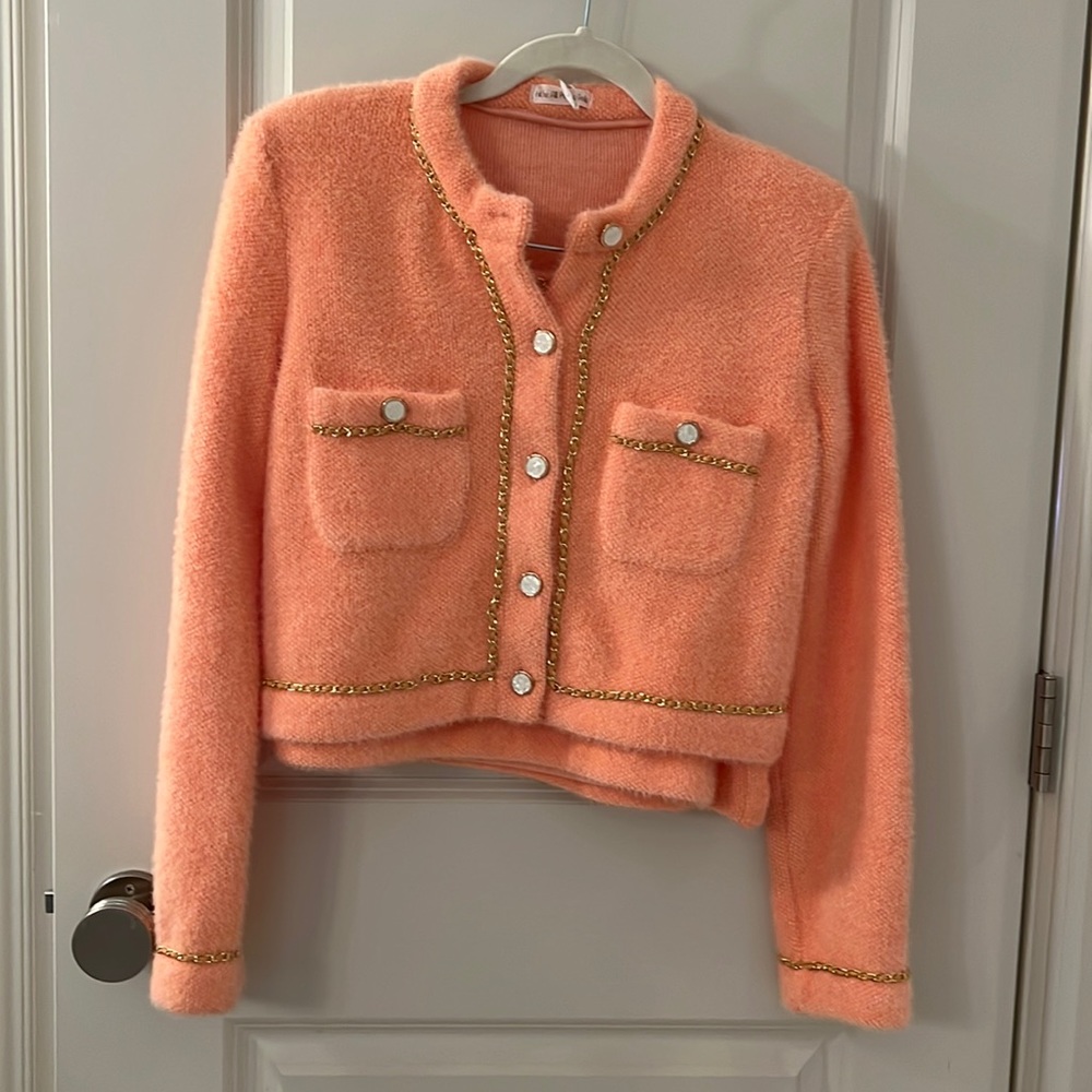 W.A.P.G. Peach Color Suit. Gold chain detailing.   Pearl Buttons on Blazer Top